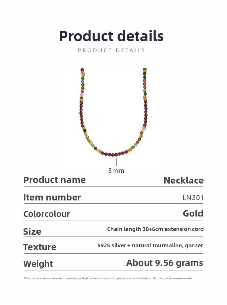 zensoullab S925 Sterling Silver Natural Tourmaline Garnet Gemstone Necklace for Women French Niche Style Handmade Beaded Collarbone Chain