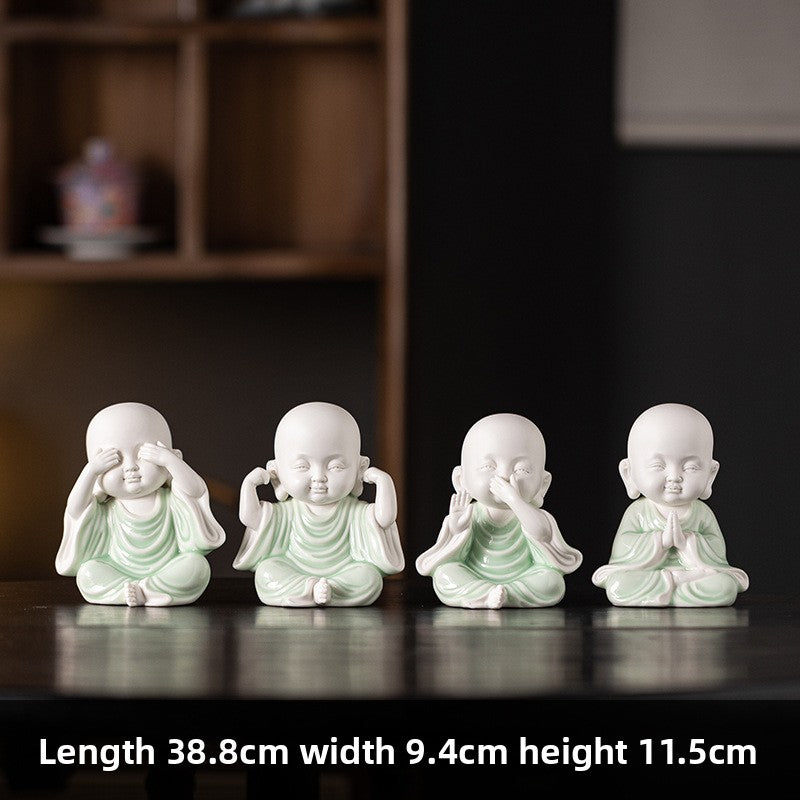 zensoullab Chinese Zen Style Four Little Monks Figurines Ceramic Characters Buddhist Home Living Room Curio Cabinet Decorations Micro Landscape