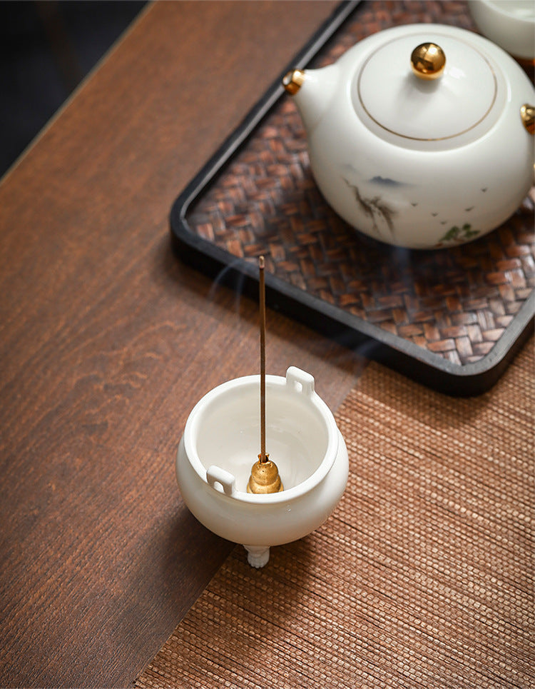 zensoullab Chinese Style Mini Ceramic Incense Burner Tea Room Home Worship Three-legged Incense Burner Portable Incense Holder Incense Ceremony Zen Small Ornament