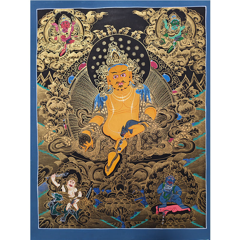 zensoullab Nepal Hand-painted Yellow God of Wealth Thangka Classic Red Thangka Black Thangka Five Gods of Wealth Buddha Tibetan Buddhist Hall Worship Decoration Hanging Painting