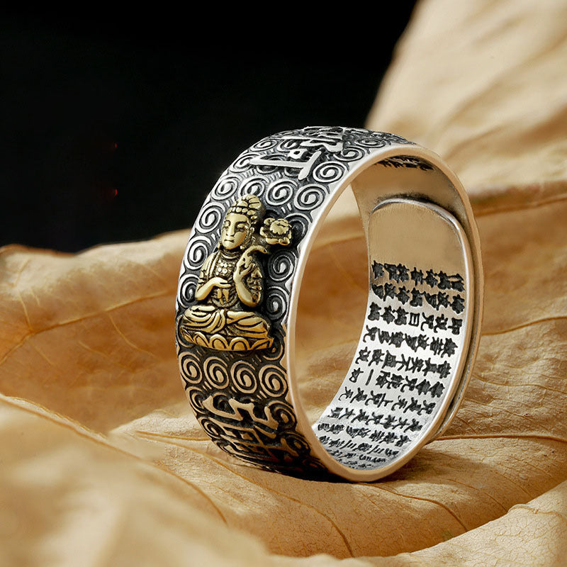 zensoullab Vintage Eight Guardian Deities Ring for Men Heart Sutra Zodiac Year Open Ring Imitation Thai Silver Six-Word Mantra Men's Ring
