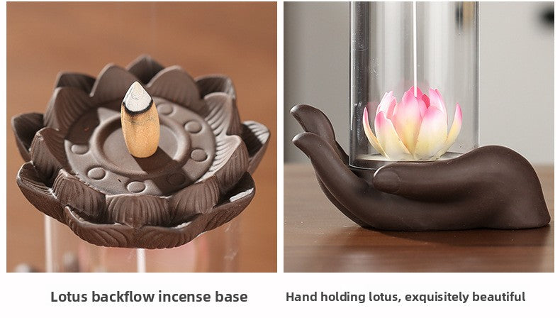zensoullab Purple Clay Backflow Incense Burner Buddha Hand Lotus Acrylic Cover Agarwood Sandalwood Creative Home Decor Gift
