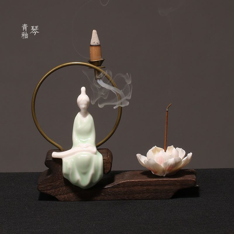 zensoullab Creative Chinese Ceramic Ornament Phaseless Buddha Statue Home Backflow Incense Burner Sandalwood Aromatherapy Burner Incense Holder Incense Device Wooden Incense Stand