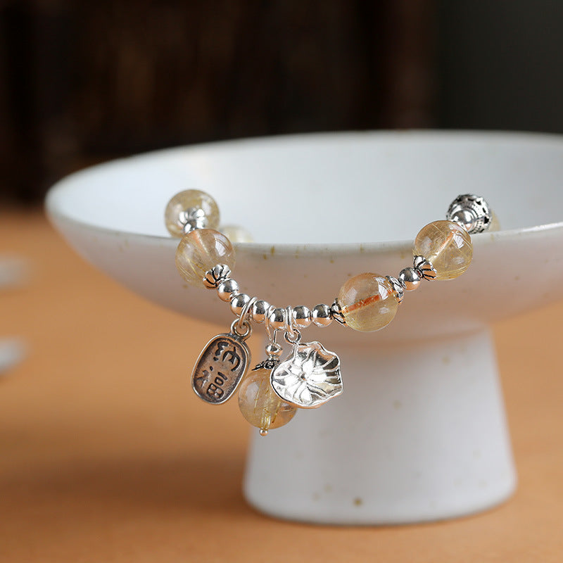 zensoullab Natural Golden Rutilated Quartz Bracelet for Women S925 Silver Lotus Tassel Bracelet High-end Crystal Bracelet