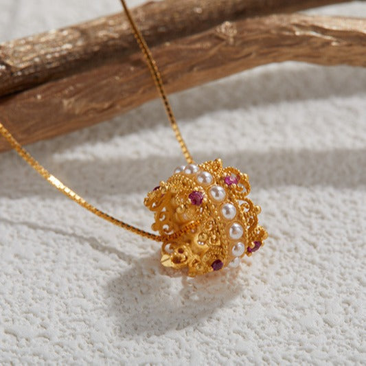 zensoullab S925 Sterling Silver Ancient Gold Necklace for Women Vintage Hollow National Trend Versatile Elegant Pendant Jewelry