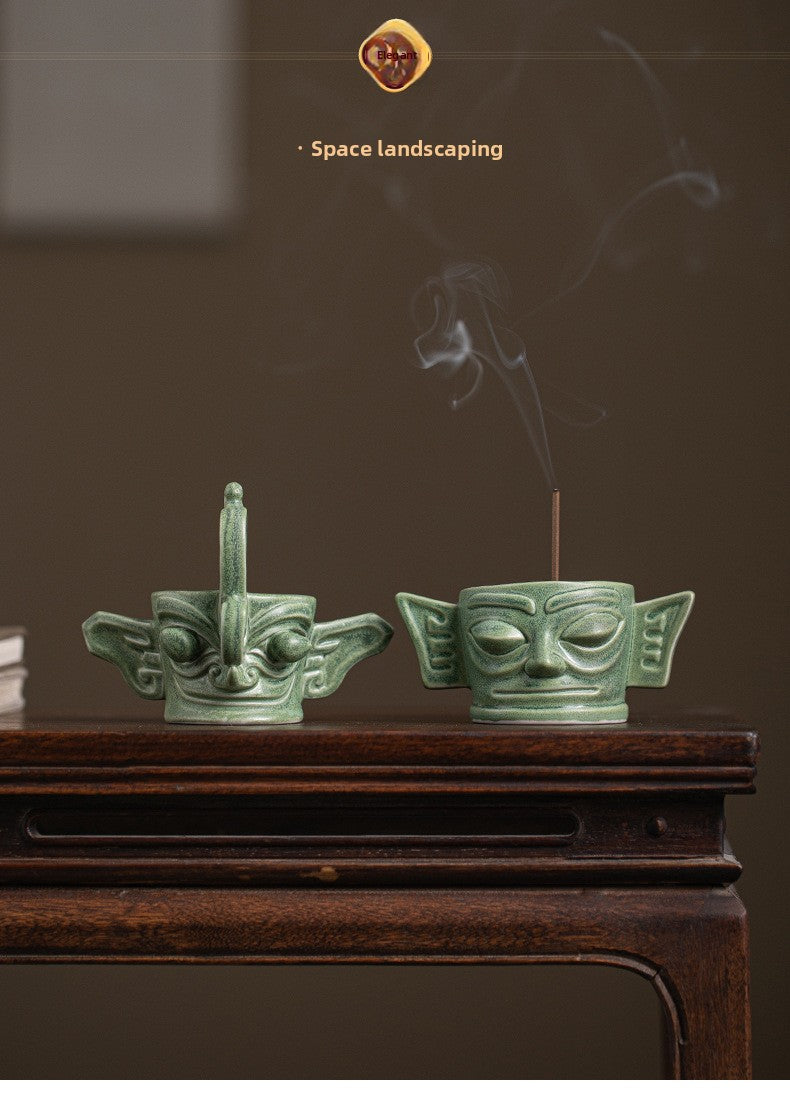 zensoullab Chinese Retro Cultural Creative Sanxingdui Bronze Long Eyes Mask Incense Holder Aromatherapy Burner Home Indoor Ceramic Incense Burner