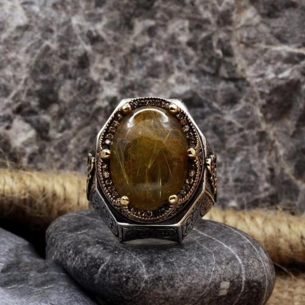 zensoullab Turkish Handmade Exquisite Convex Vintage Distressed Crown Men's Rutilated Quartz Carved Split Gold Ring