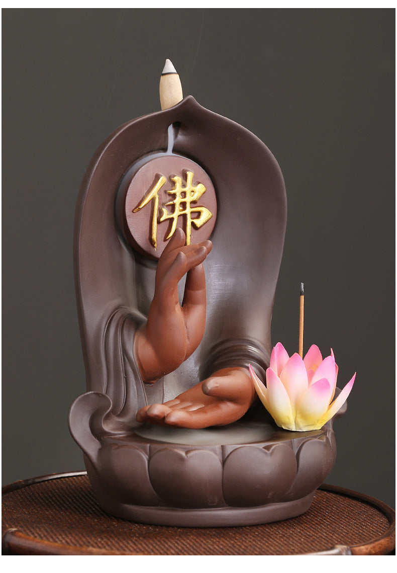 zensoullab Purple Clay Buddha Hand Lotus Backflow Incense Burner Creative Handmade Lotus Incense Holder Incense Stand Backflow Incense Burner Ornament
