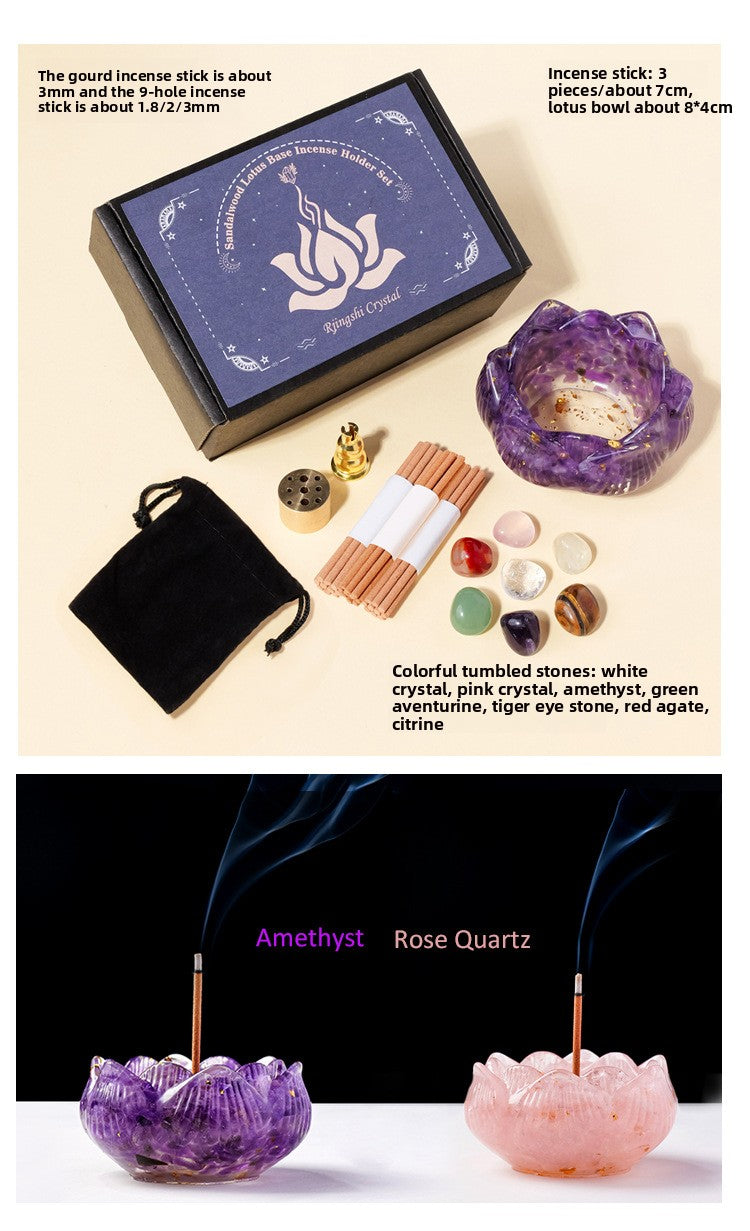 zensoullab Natural Amethyst Crushed Stone Lotus Bowl Incense Holder Set Box Demagnetization Meditation Yoga Incense Burner Incense Holder Base