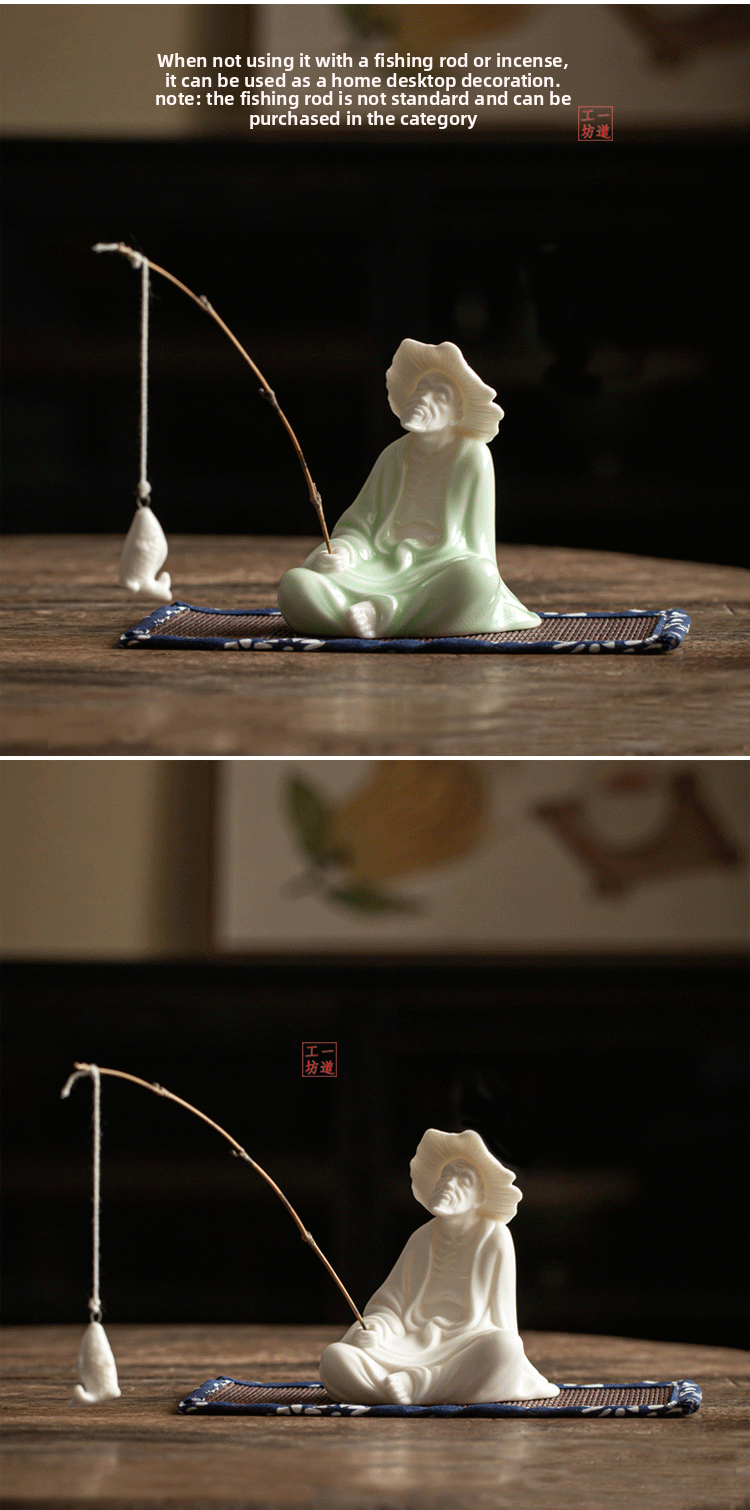 zensoullab Creative Jiang Taigong Fishing Old Man Ceramic Incense Burner Ornament Tea Pet Decoration Living Room Home Sandalwood Incense Holder Incense Ceremony