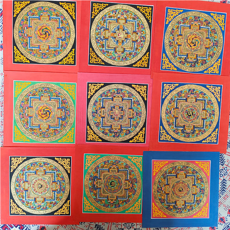 zensoullab Nepal Hand-painted Mandala Thangka Tibetan Six-Word Mantra Entrance Thangka Mandala Hanging Painting Decorative Painting Heart Wall Painting
