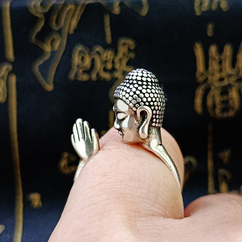 zensoullab Thailand Shakyamuni Buddha Head Palm Ring Niche Design Ethnic Style Personality Adjustable Ring for Men and Women