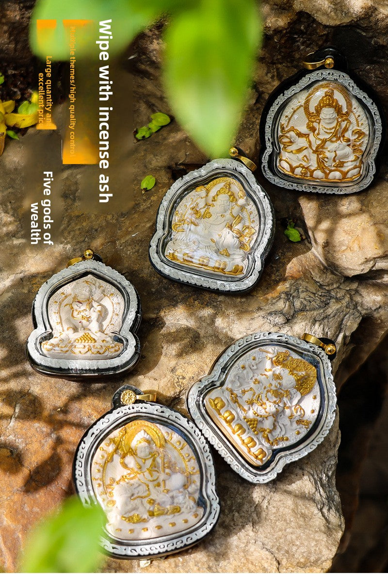 zensoullab Gawu Box Pendant Hand-painted Incense Ash Rubbing Three-dimensional Thangka Buddha Statue Yellow God of Wealth Five-way God of Wealth Buddha Amulet Men and Women Necklace