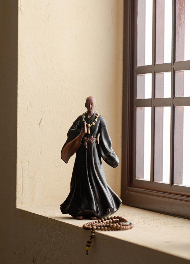 zensoullab Creative New Chinese Style Large Purple Clay Little Monk Figurine Tea Room Living Room Entrance Zen Little Monk Ceramic Character Decoration