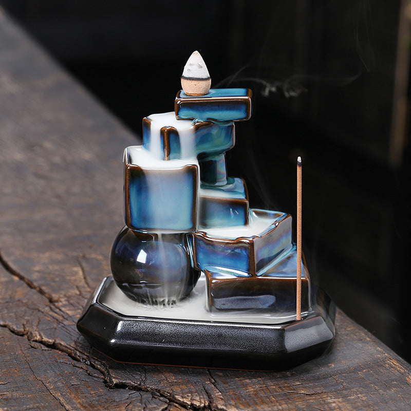 zensoullab Ceramic Mountain Water Backflow Incense Burner Ornament Creative Round Ball Square Blue Backflow Aromatherapy Burner Home Decor