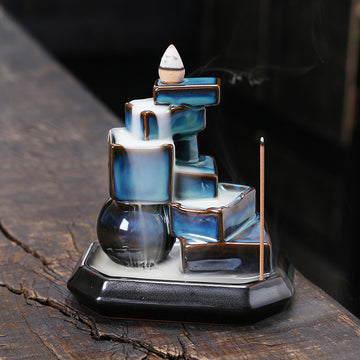 zensoullab Ceramic Mountain Water Backflow Incense Burner Ornament Creative Round Ball Square Blue Backflow Aromatherapy Burner Home Decor