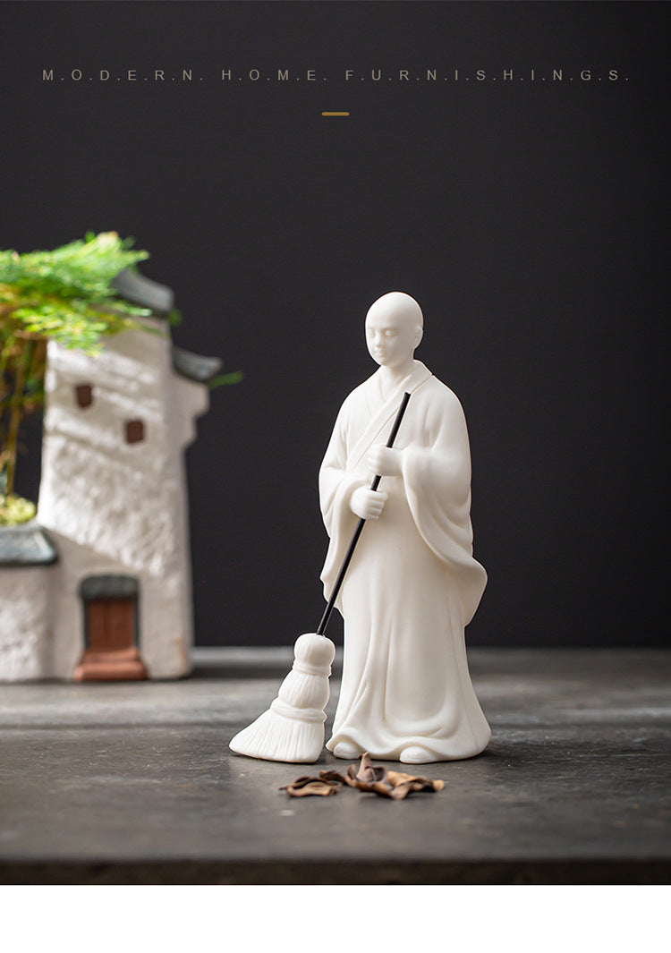 zensoullab Sweeping Monk Ceramic Little Monk Creative Ornament Chinese Style Study Office Zen Desktop Decoration Craft Display