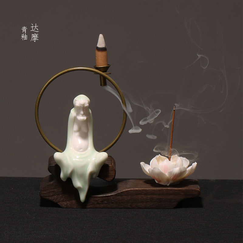 zensoullab Creative Chinese Ceramic Ornament Phaseless Buddha Statue Home Backflow Incense Burner Sandalwood Aromatherapy Burner Incense Holder Incense Device Wooden Incense Stand