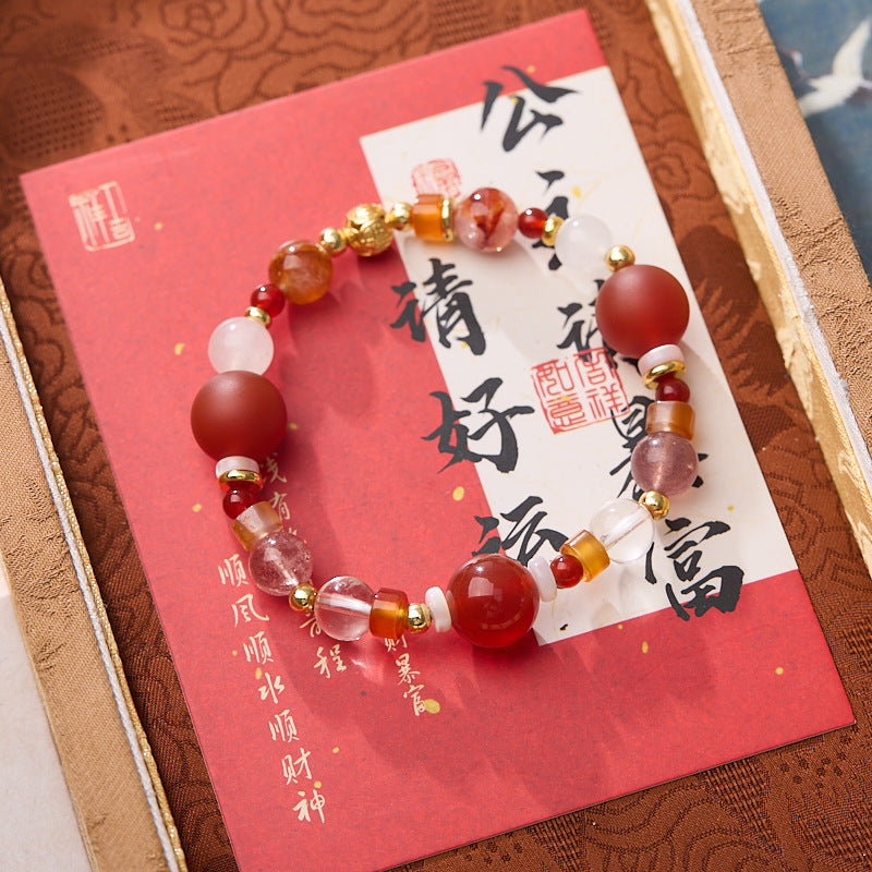 Zensoullab Natural Frosted Red Agate Red Sealant Flower Duobao Crystal Bracelet Lucky Koi Plastic Flower Bracelet for Women