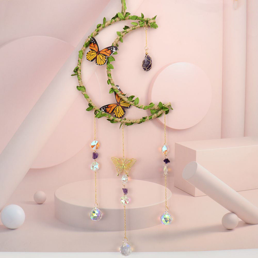 zensoullab Sun Catcher Hemp Rope Wrapped Leaf Butterfly Large 16cm Moon Gravel Crystal Ball Decoration Pendant
