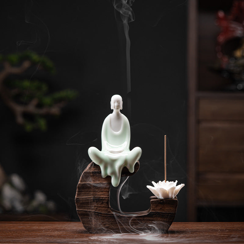 zensoullab Creative Backflow Incense Burner Home Aromatherapy Burner Ceramic Ornament Sandalwood Incense Holder Guanyin Buddha Statue Zen Living Room Decoration