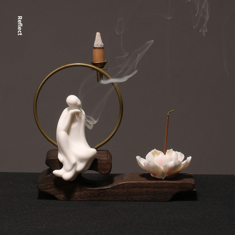 zensoullab Creative Chinese Ceramic Ornament Phaseless Buddha Statue Home Backflow Incense Burner Sandalwood Aromatherapy Burner Incense Holder Incense Device Wooden Incense Stand