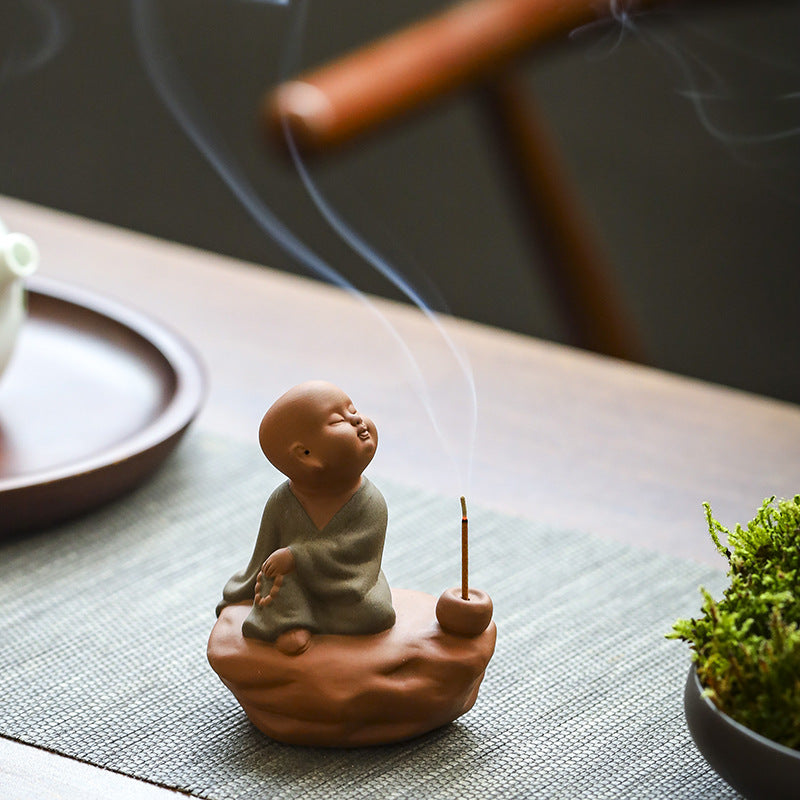 zensoullab Zen Purple Clay Little Monk Incense Holder Ornament for Home Indoor Living Room Tea Tray Incense Ceremony Sandalwood Stand Incense Tray Incense Burner