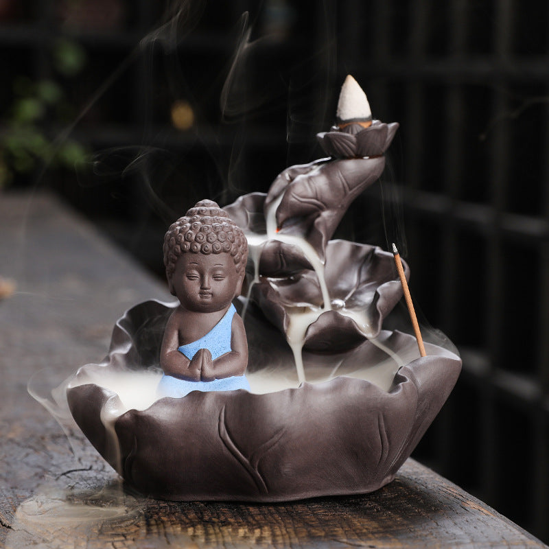 zensoullab Purple Clay Ceramic Backflow Incense Burner Crafts Creative Lotus Leaf Buddha Statue Small Novice Incense Burner Ornament