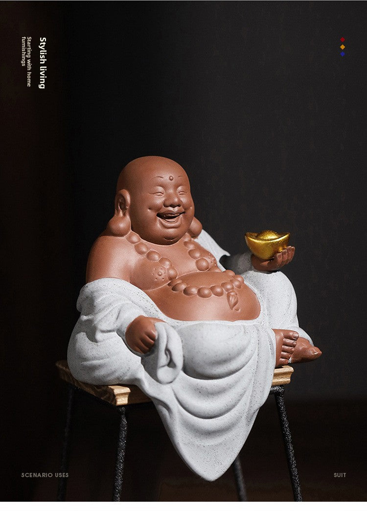 zensoullab Zen Wealth-Attracting Ceramic Maitreya Buddha Figurine Laughing Buddha New Chinese Style Living Room Entrance Hall Curio Shelf Office Tea Room Decoration