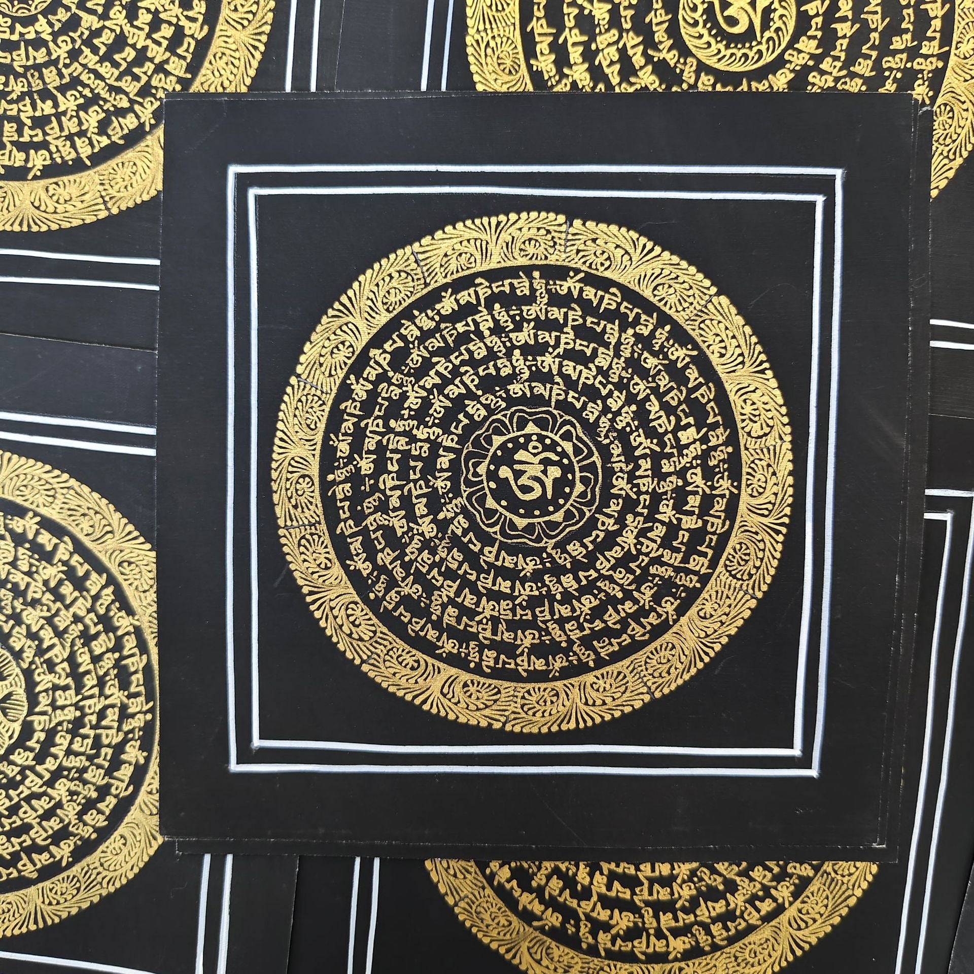 zensoullab Nepal Hand-painted Black Gold Sutra Thangka Tibetan Six-word Mantra Mandala Entrance Living Room Decorative Hanging Painting