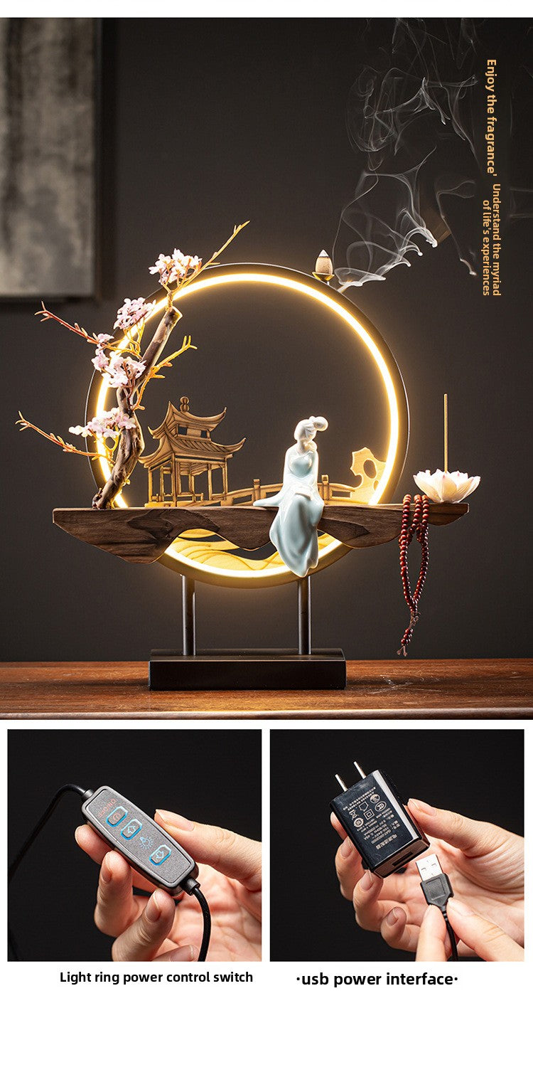 Zensoullab New Chinese Style LED Lamp Ring Creative Backflow Incense Burner Zen Ornament Home Living Room Hallway Decoration Incense Burner Furnishings