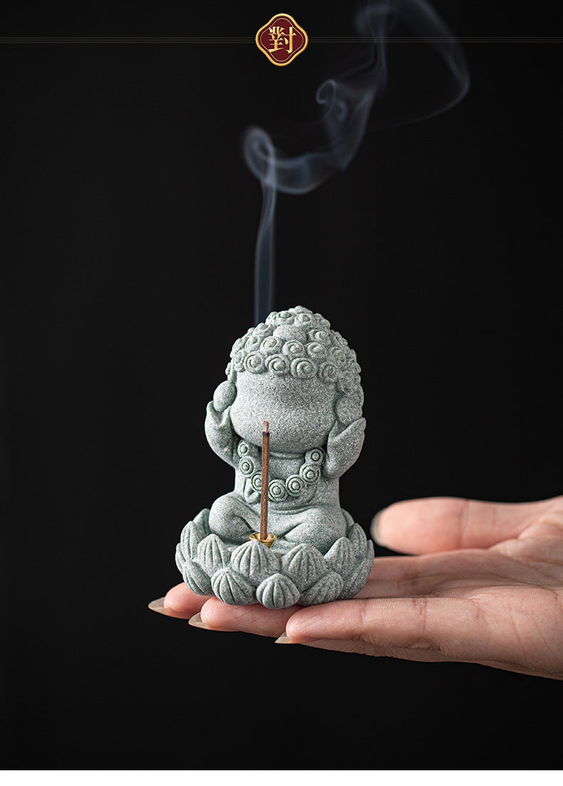 zensoullab Zen Style Chinese Qingsha Cultural Creative Four Small Buddha Incense Holder Incense Stand Incense Tray Tea Pet Living Room Indoor Tea Ceremony Aromatherapy Burner