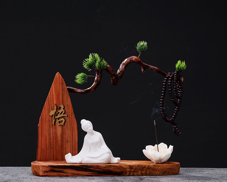 zensoullab Chinese Zen Style Formless Buddha Welcoming Guest Pine Root Carving Set Living Room Wine Cabinet Entrance Ceramic Li Bai Tea Table Home Decor