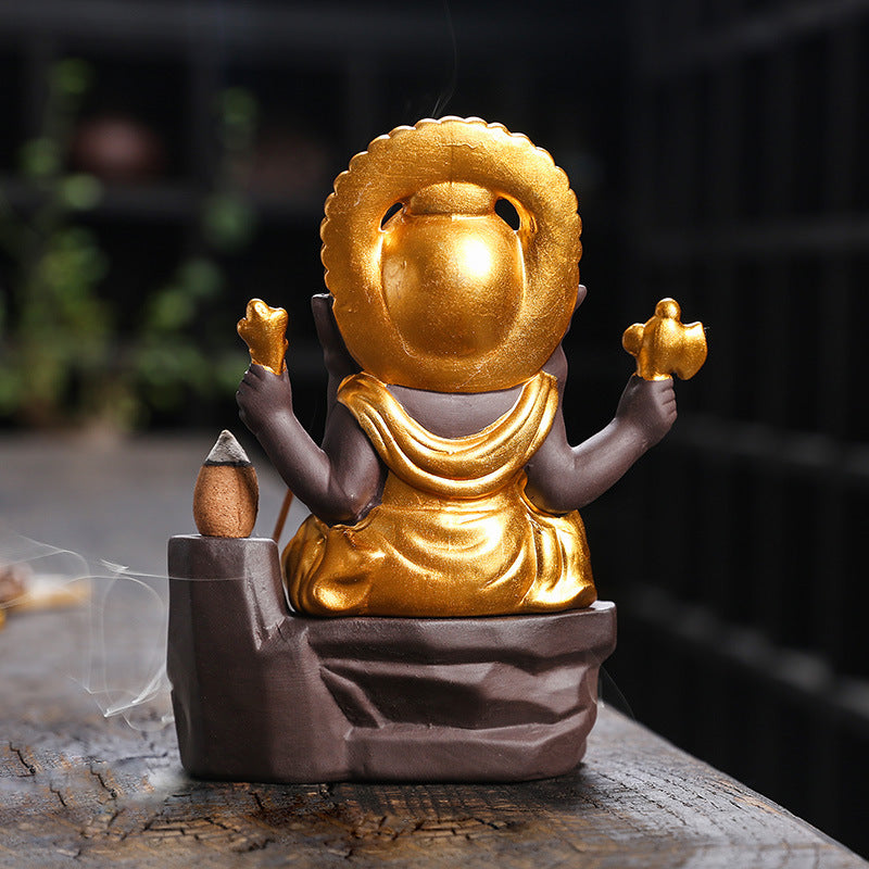 zensoullab Purple Clay Sandalwood Incense Burner Home Decor Creative Gold-Plated Ganesha Mountain Water Backflow Incense Burner Craft