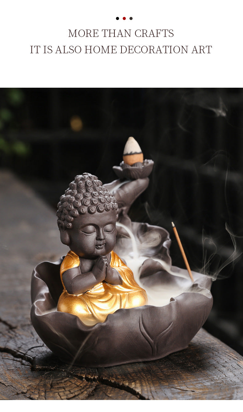 zensoullab Purple Clay Ceramic Backflow Incense Burner Crafts Creative Lotus Leaf Buddha Statue Small Novice Incense Burner Ornament