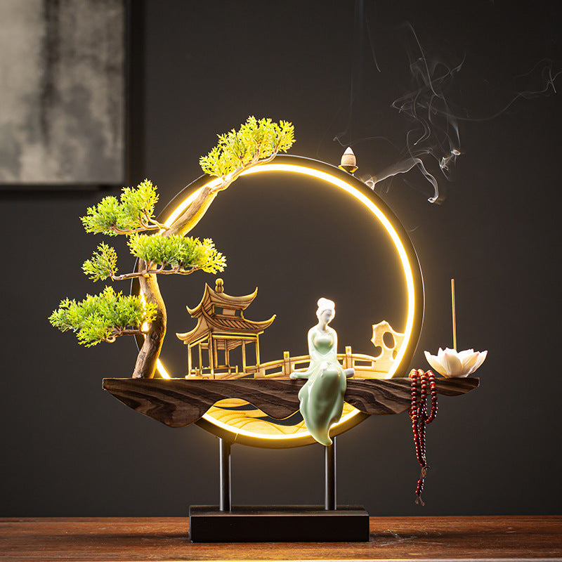 Zensoullab New Chinese Style LED Lamp Ring Creative Backflow Incense Burner Zen Ornament Home Living Room Hallway Decoration Incense Burner Furnishings