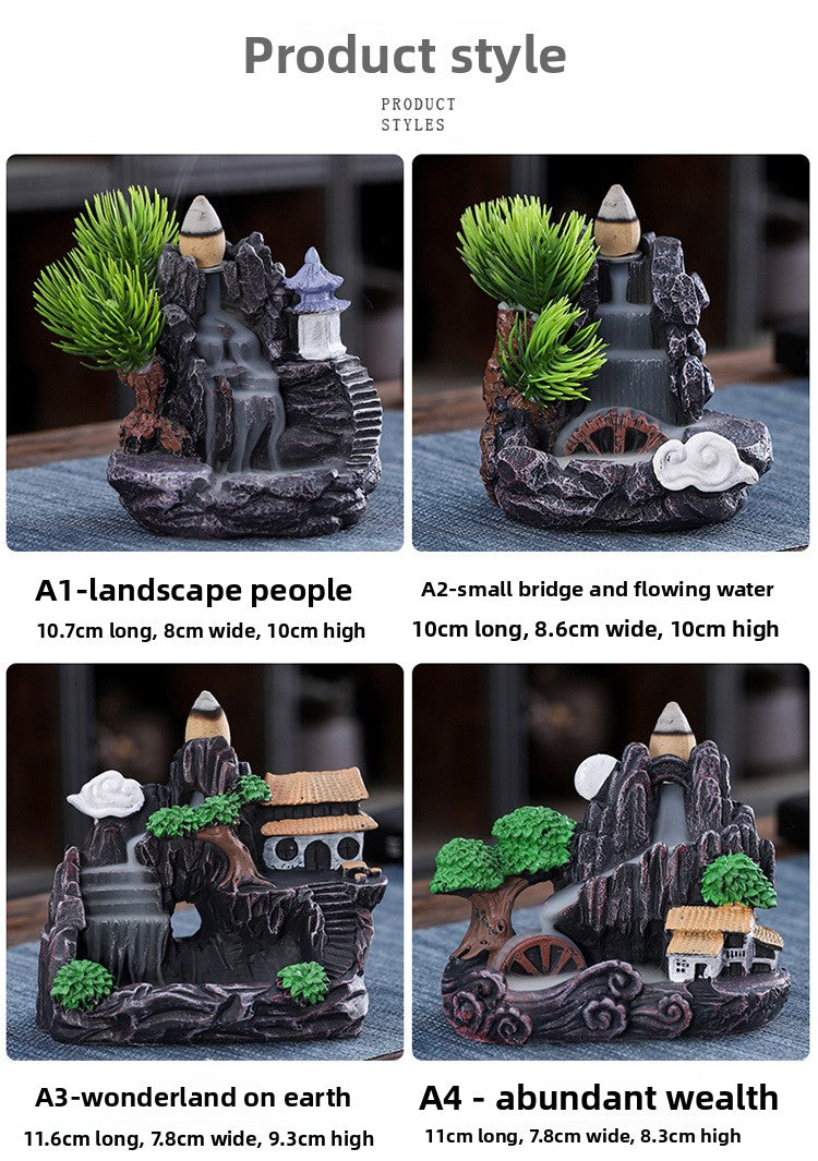 zensoullab Large Creative Resin Small Backflow Incense Burner Mountain Water Flow Sandalwood Agarwood Incense Burner Indoor Home Decoration
