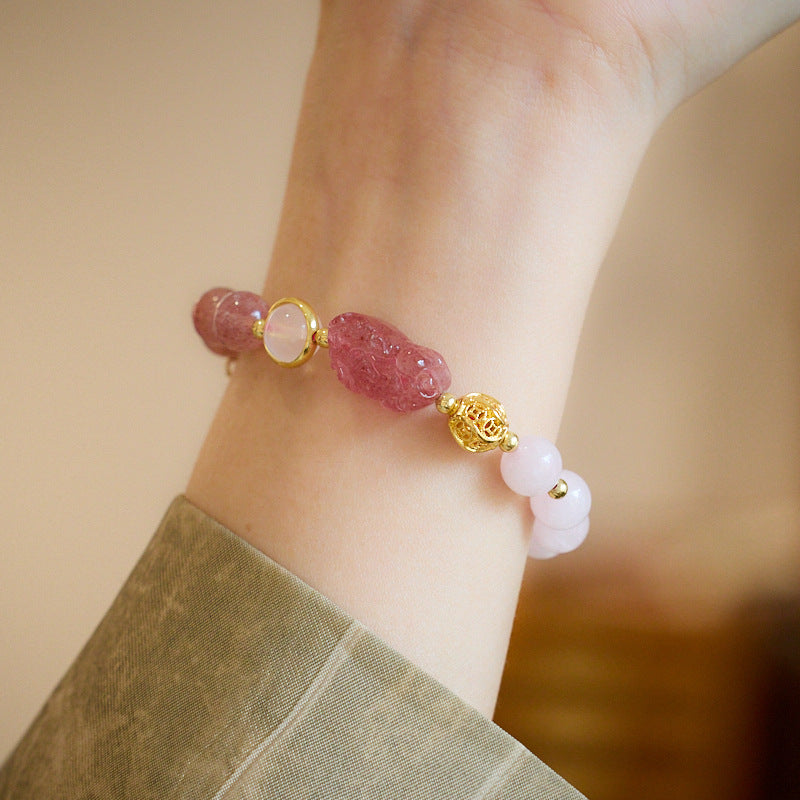 zensoullab Natural Strawberry Crystal Pink Crystal Double Bracelet for Women Strawberry Crystal Pixiu Wealth Flower Good Luck Crystal Bracelet