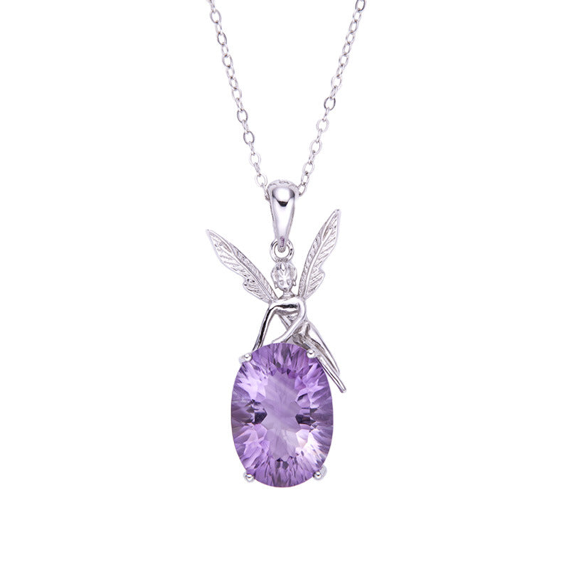 zensoullabs 925 Sterling Silver Inlaid Natural Gemstone Amethyst Pendant Angel Necklace for Women