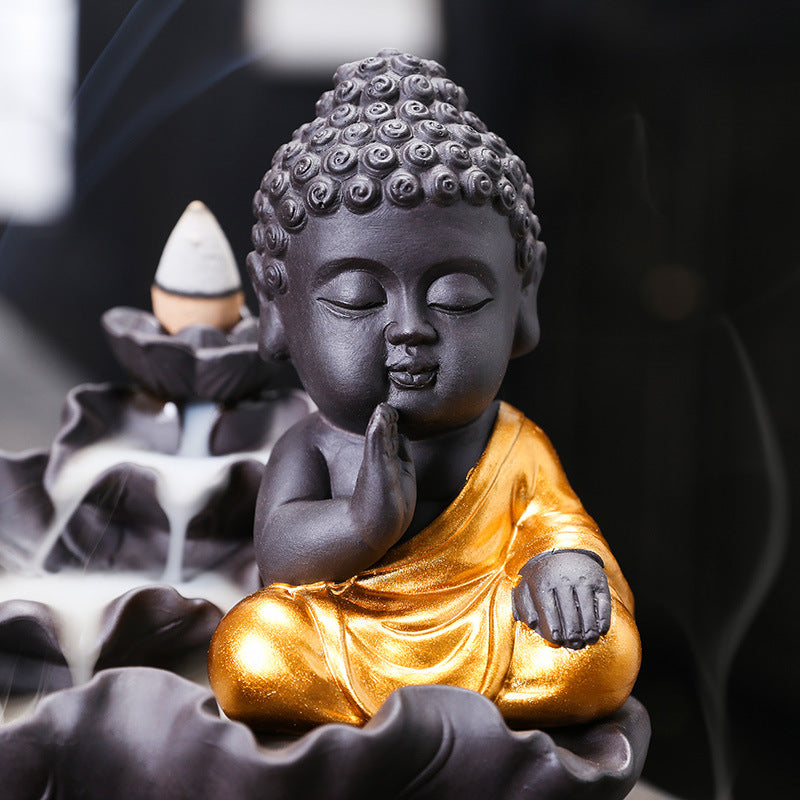 zensoullab Purple Clay Lotus Leaf Backflow Incense Burner Home Decor Creative Lotus Gold-Plated Buddha Incense Backflow Burner