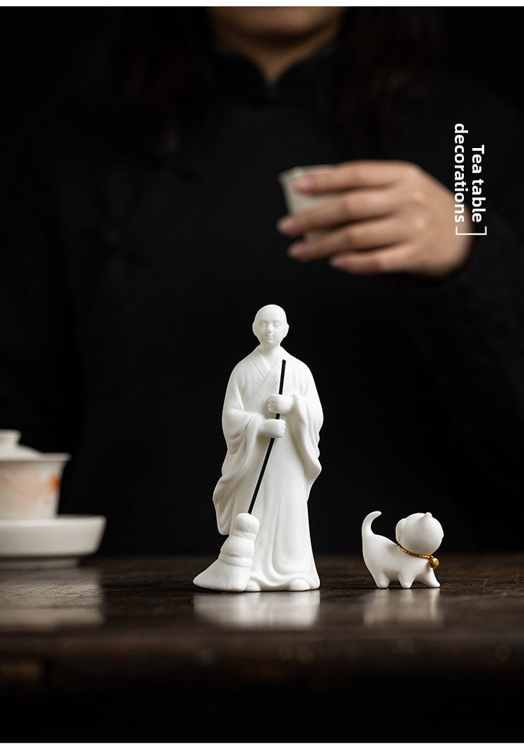 zensoullab Creative Ceramic Figure Sweeping Monk Zen Little Monk Ornament Home Living Room Curio Shelf Tea Room Bonsai Decoration