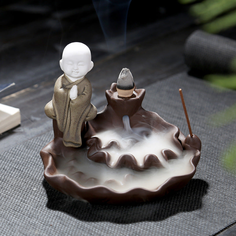 zensoullab Creative Simple Ceramic Little Monk Backflow Incense Burner Purple Clay Zen Incense Burner Incense Holder Home Tea Ceremony Home Decor
