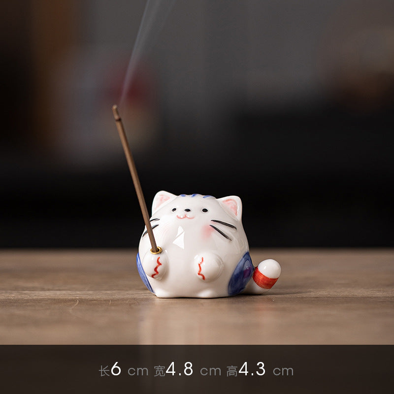 zensoullab Creative Ceramic Cute Little Cat Incense Holder Base Incense Tray Tea Room Tea Table Small Incense Burner Ornament Incense Burner