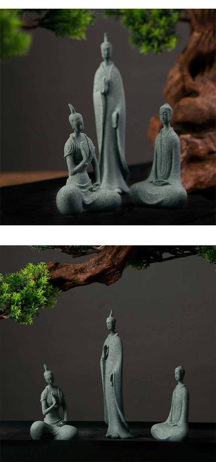 zensoullab Green Sandstone Northern Wei Dynasty Three Saints Buddha Statue Zen Carving Craftwork Tathagata Buddha Shakyamuni Desktop Tea Ceremony Ornament