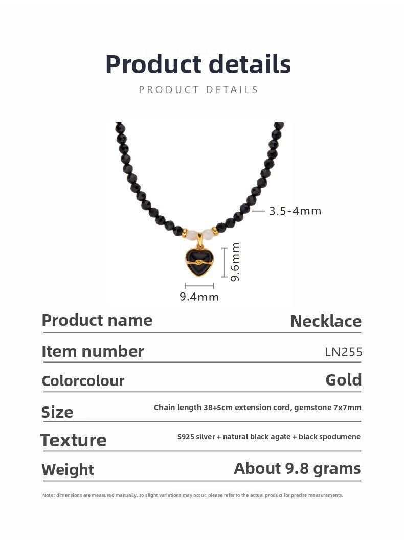 Zensoullab Special-Interest Design Advanced Natural Black Pointed Crystal Beaded with Black Agate Pendant Heart Shaped Love Necklace Female S925 Sterling Silver