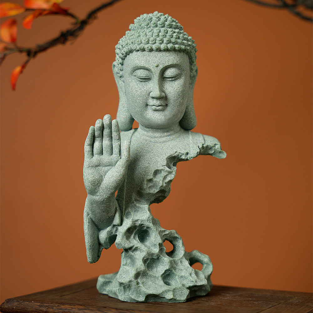 zensoullab Green Sandstone Imitation Stone Carving Buddha Statue Craft Ornament Creative Retro Desktop Buddhist Zen New Chinese Style Living Room Decoration