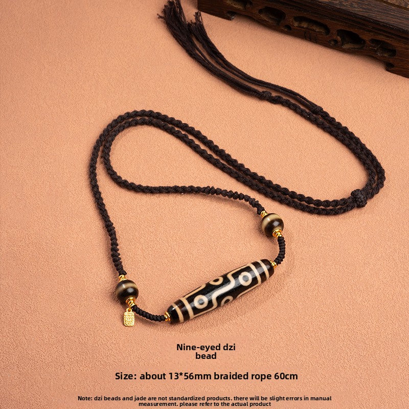 zensoullab Natural Yellow Nine-Eye Dzi Bead Necklace Taiwan Work Agate Pendant Unisex Couple Style Braided Necklace In Stock