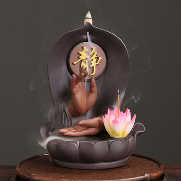 zensoullab Purple Clay Buddha Hand Lotus Backflow Incense Burner Creative Handmade Lotus Incense Holder Incense Stand Backflow Incense Burner Ornament