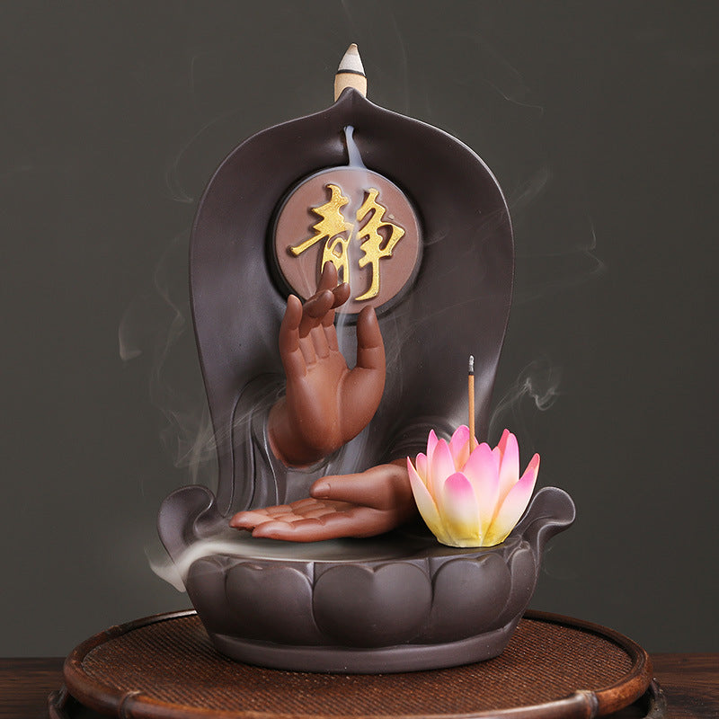 zensoullab Purple Clay Buddha Hand Lotus Backflow Incense Burner Creative Handmade Lotus Incense Holder Incense Stand Backflow Incense Burner Ornament
