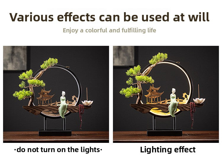 Zensoullab New Chinese Style LED Lamp Ring Creative Backflow Incense Burner Zen Ornament Home Living Room Hallway Decoration Incense Burner Furnishings